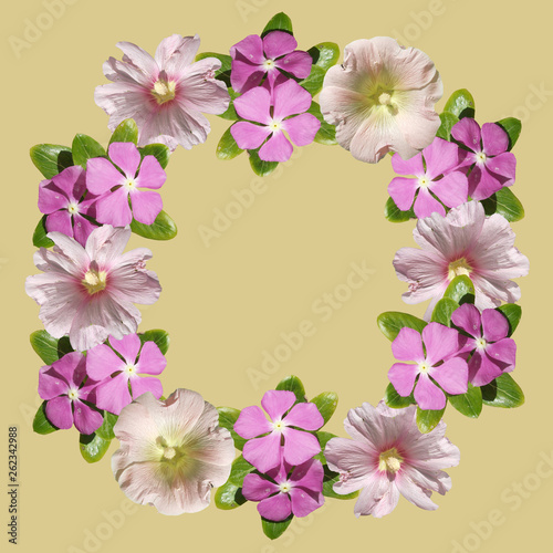 Beautiful flower circle of mallow and gloxinia. Isolated