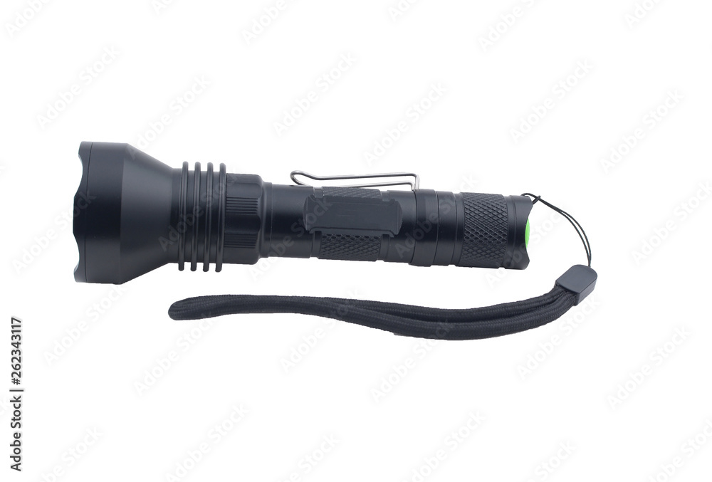 Black tactical flashlight isolated on white background Black tactical flashlight isolated on white background