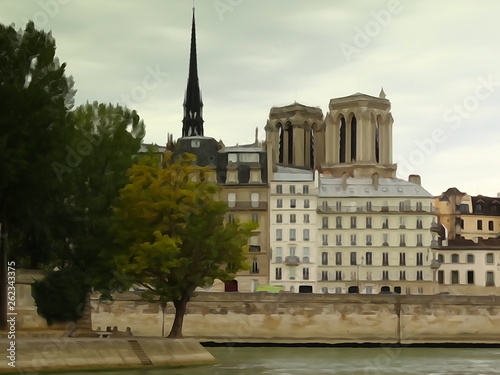 Panorama brzegu Sekwany w Paryżu z widokiem na zabytkowe budynki, za nimi dwie wieże i iglica katedry Notre Dame na tle zachmurzonego nieba, stylizowany na akwarelę