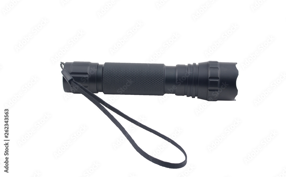Black tactical flashlight isolated on white background Black tactical flashlight isolated on white background