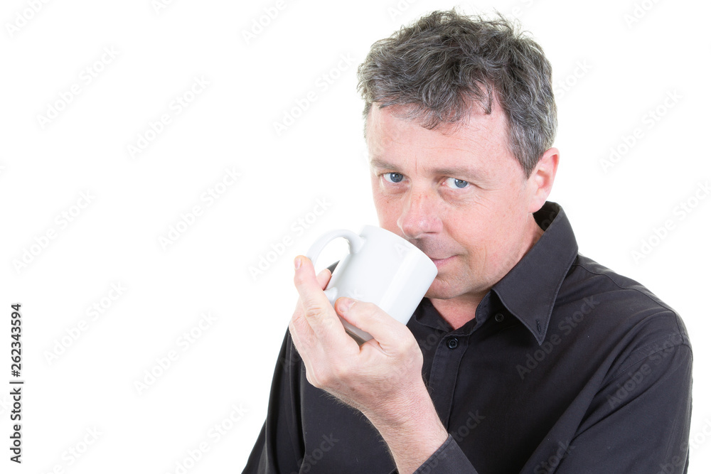 Man in Black shirt holding Coffee mug Man in Black shirt holding Coffee mug