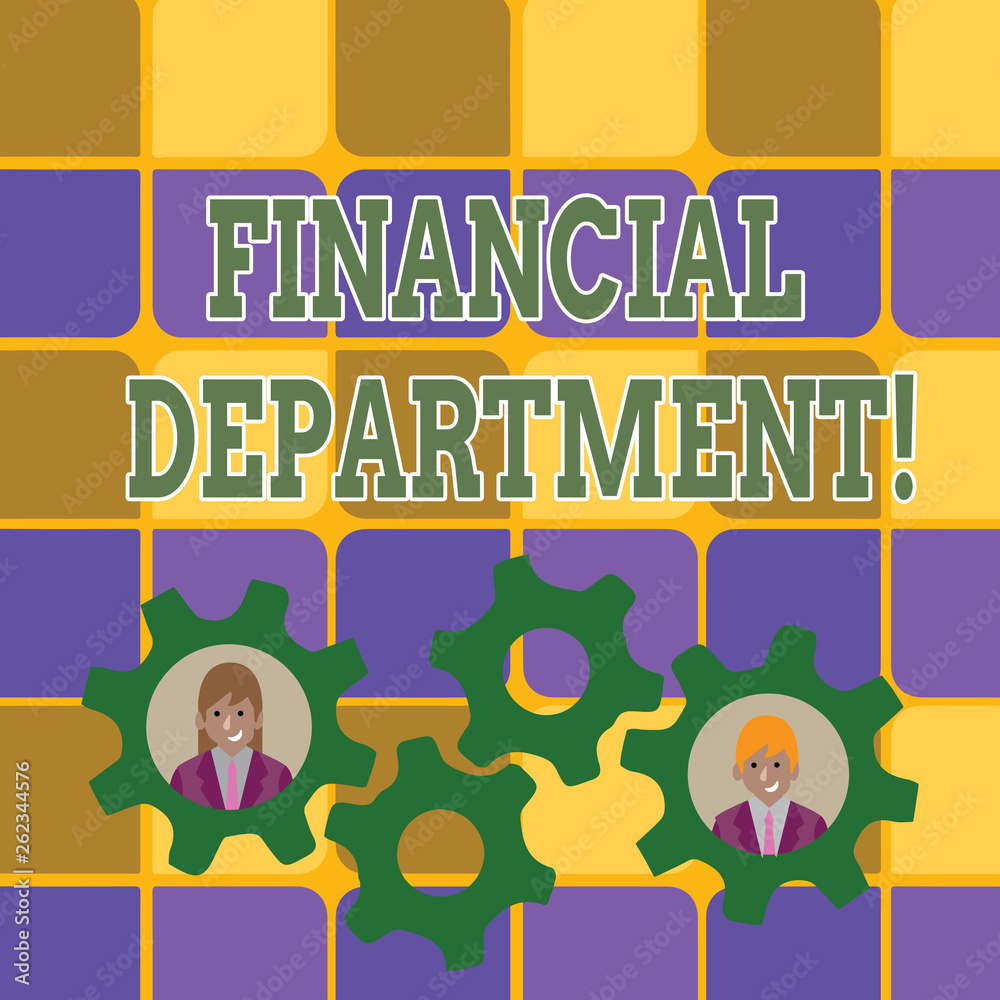 Fototapeta Word writing text Financial Department. Business photo showcasing part of an organization that analysisages its money Two Business People Each Inside Colorful Cog Wheel Gears for Teamwork Event