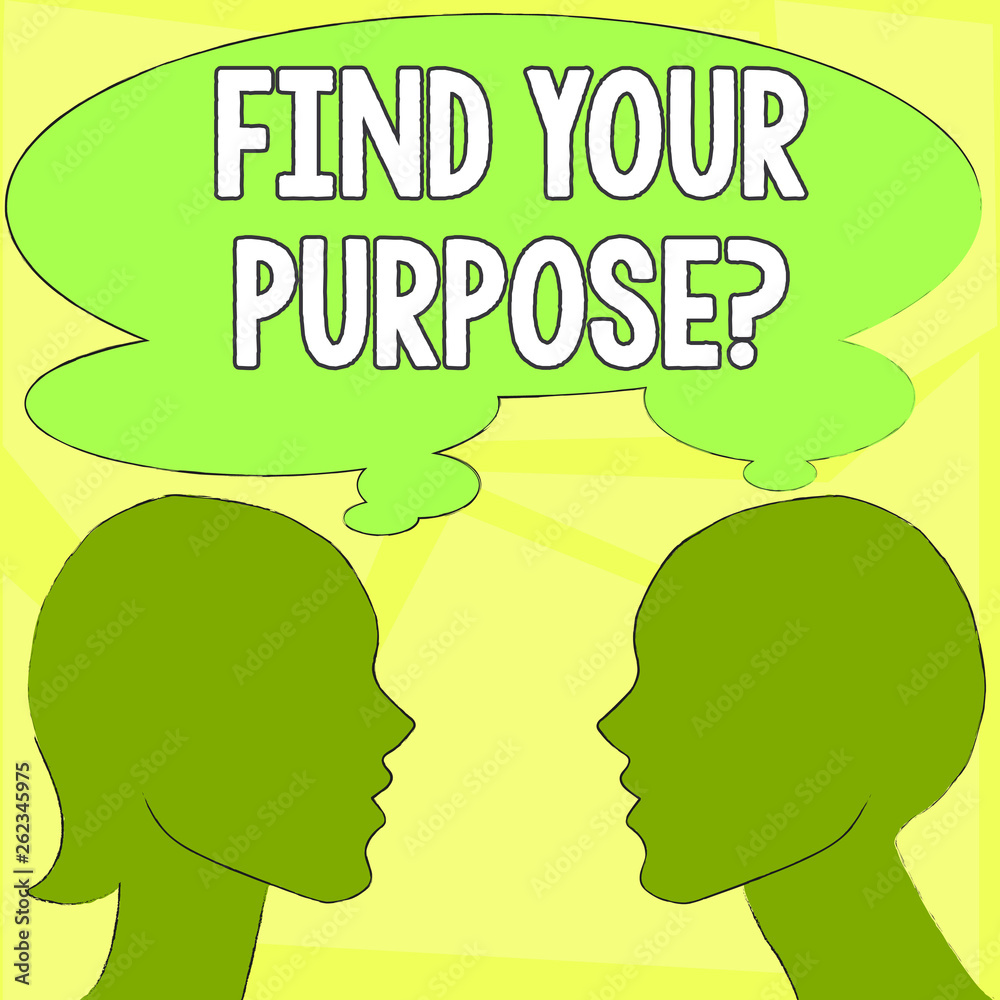 Handwriting text writing Find Your Purpose question. Conceptual photo reason for something is done or for which exists Silhouette Sideview Profile Image of Man and Woman with Shared Thought Bubble