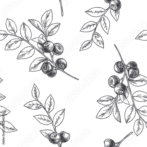 Vector vintage seamless floral pattern with blueberry isolated on white. Hand drawn botanical texture with forest berries in engraving style.