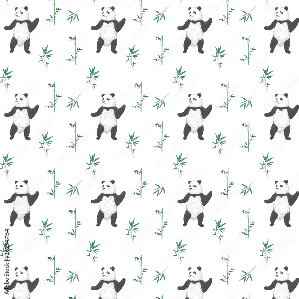 Pattern design with cute panda bear and boho flowers and floral bouquets illustration. Watercolor clip art for greeting, invite celebration card. Funny asian bear. Zoo card