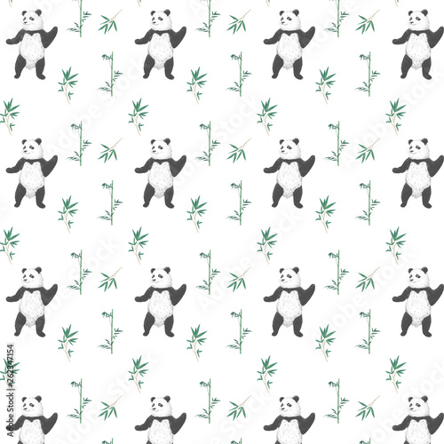 Pattern design with cute panda bear and boho flowers and floral bouquets illustration. Watercolor clip art for greeting  invite celebration card. Funny asian bear. Zoo card