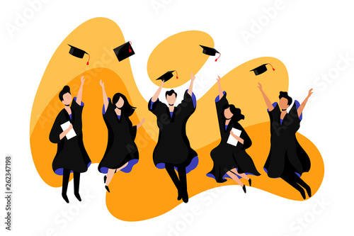 Students graduate from university or college. Vector flat illustration. Exams, education and graduation concept