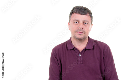 studio portrait of happy handsome man in white background and copy space