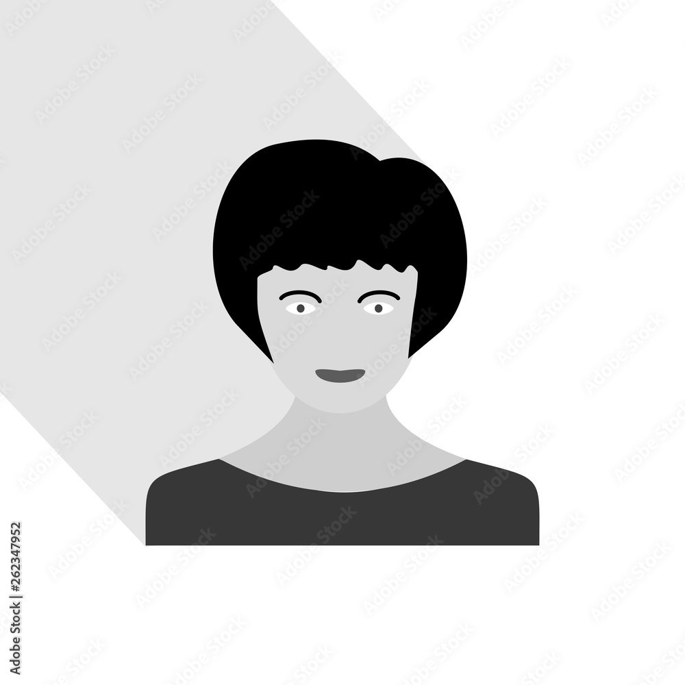 Female portrait with long shadow. Woman head with hairstyle. Grayscale vector graphic illustration. Female portrait with long shadow. Woman head with hairstyle. Grayscale vector graphic illustration.