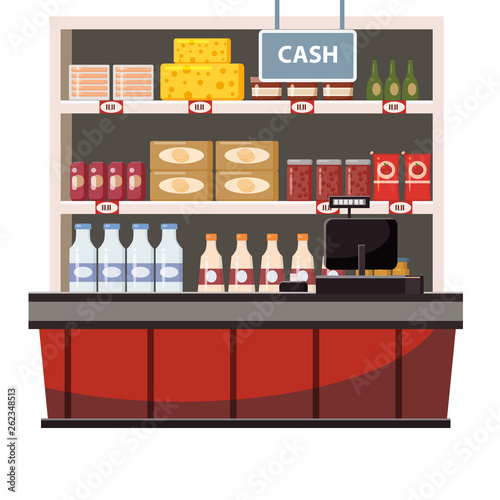 Cashier counter in the interior supermarket, shop, store, shelves food products, goods