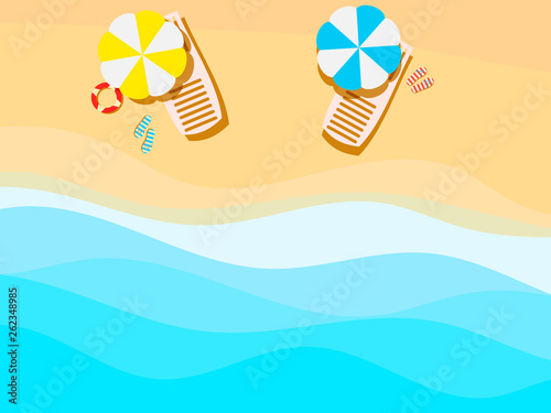 Beach, seashore with waves. Chaise lounge with an umbrella and sandals by the sea. Vector illustration