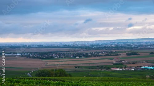 Evening panoramic visit card time-lapse video of champagne village and Reims in autmn, France photo