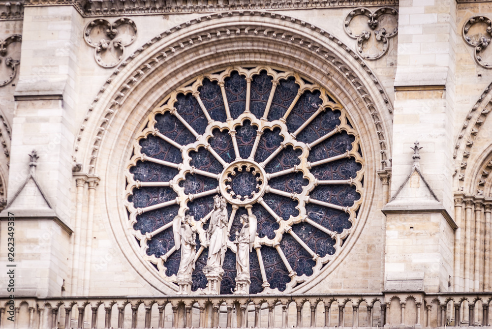 Architectural details of the catholic cathedral Notre-Dame de Paris, France.