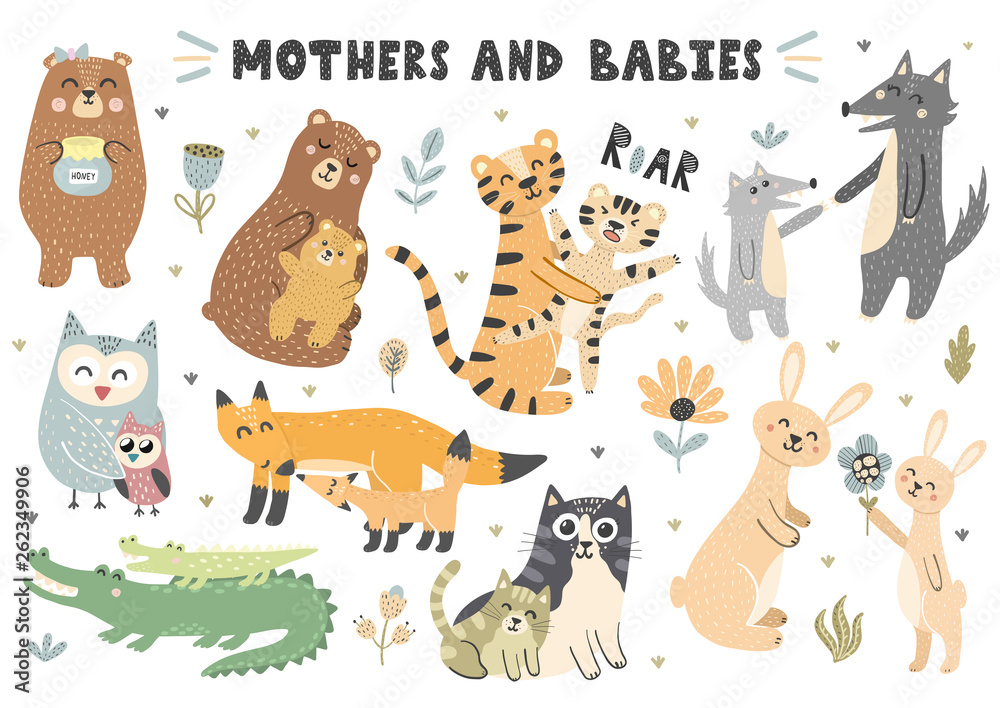 Mothers and babies animals collection. Cute vector elements for your design