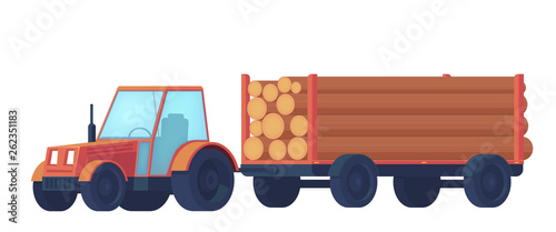 Logging truck isolated on white background. Truck with trailer for transportation of raw wood and timber products. Foresty industry. Vector flat style illustration.