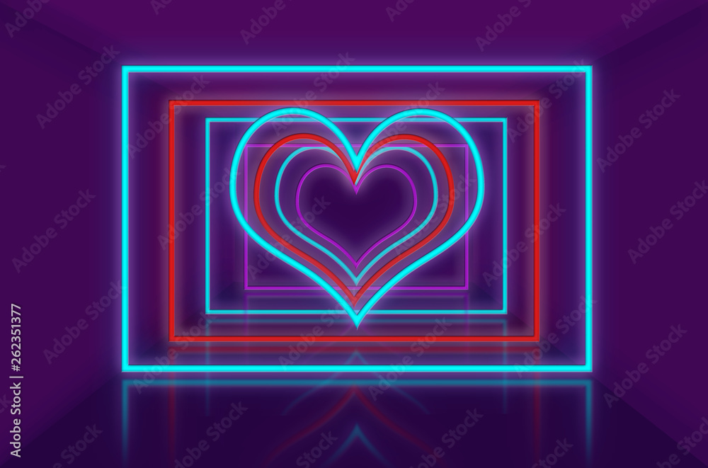 Abstract glowing neon heart in room Abstract glowing neon heart in room