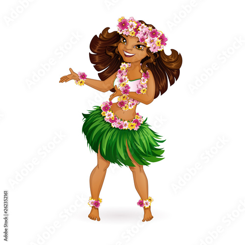 A beautiful girl in Hawaiian clothes dances Hula. Wreath and garland of flowers, a skirt of grass. Holidays in the Hawaiian Islands. Vector illustration. Funny character in the style of a cartoon