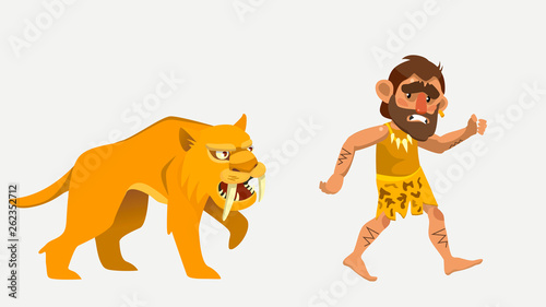 Photography saber-toothed tiger chasing primitive man
