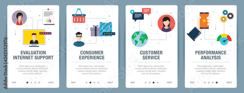 Web banners concept in vector with evaluation internet support, consumer experience, customer service and performance analysis. Internet website banner concept with icon set. Flat design vector