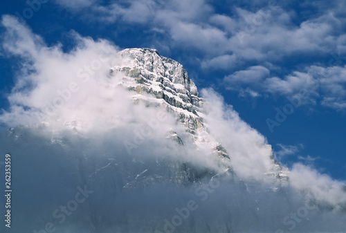 Morning clouds clear from Mount Chephren, Banff National Park, Canada