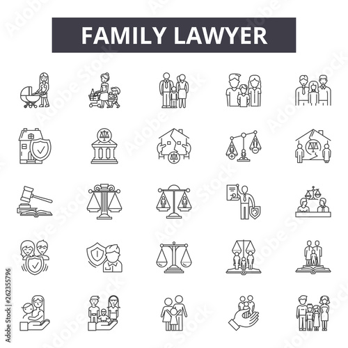 Family lawyer line icons, signs set, vector. Family lawyer outline concept, illustration: lawyer,family,law,court,business,legal,concept