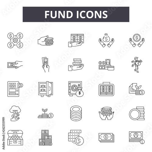 Funds line icons, signs set, vector. Funds outline concept illustration: business,money,investment,income,finance,profit,bank,financial,dollar