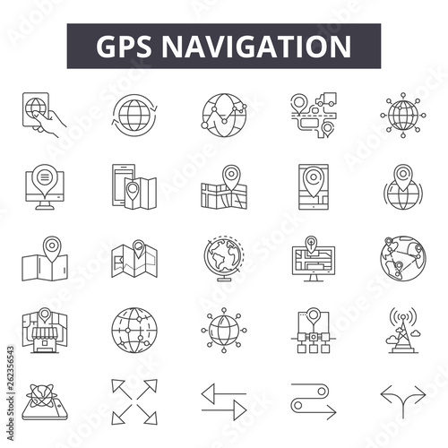 Gps navigation line icons, signs set, vector. Gps navigation outline concept illustration: gps,navigation,map,road,location,pin