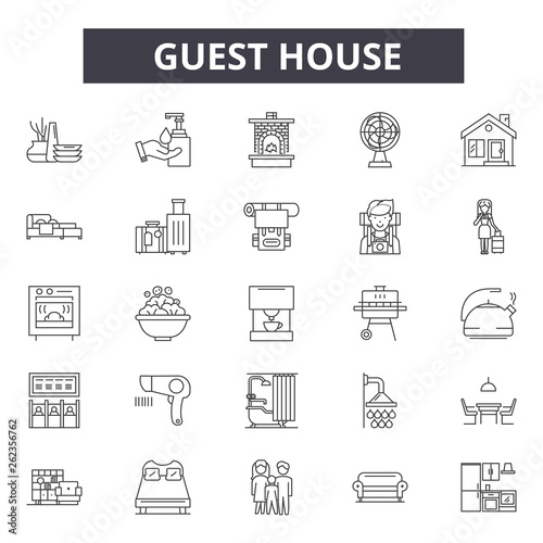 Guest hotel house line icons, signs set, vector. Guest hotel house outline concept illustration: hotel,guest,building,house,room,home,apartment