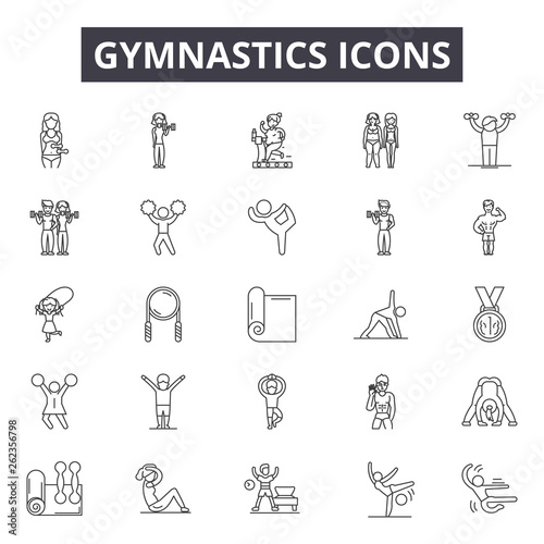 Gymnastics line icons, signs set, vector. Gymnastics outline concept illustration: sport,gymnastics,athlete,fitness,isolated,tennis