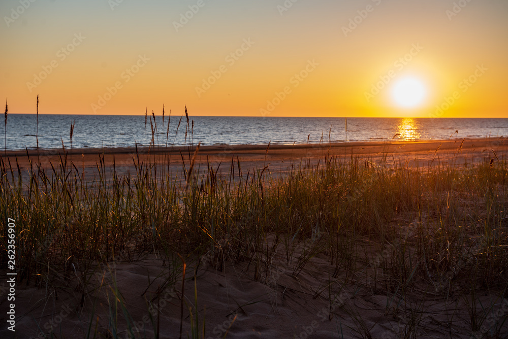 dark red sunset over sea in evening