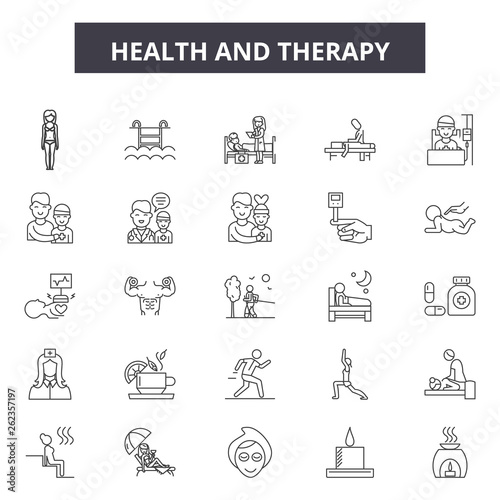 Health and therapy line icons, signs set, vector. Health and therapy outline concept illustration: health,therapy,medical,medicine,man,care,symbol