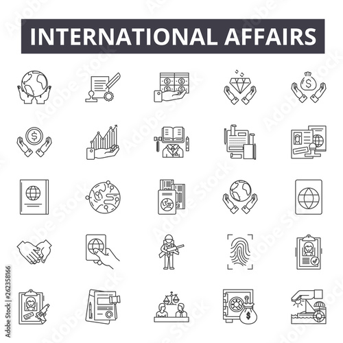 International affairs line icons, signs set, vector. International affairs outline concept illustration: international,business,affair,exchange,flat,global,single