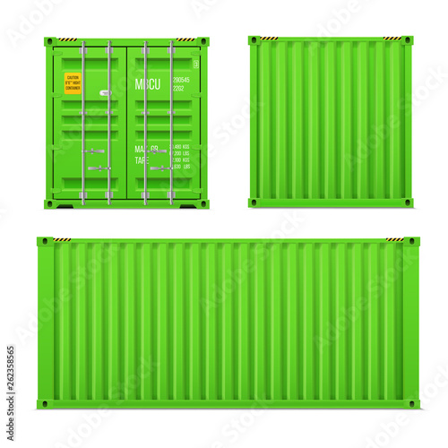 Realistic bright green cargo container set. The concept of transportation. Closed container. Front, back and sid