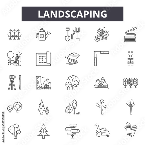 Landscaping line icons, signs set, vector. Landscaping outline concept illustration: landscaping,garden,gardening,plant,detree