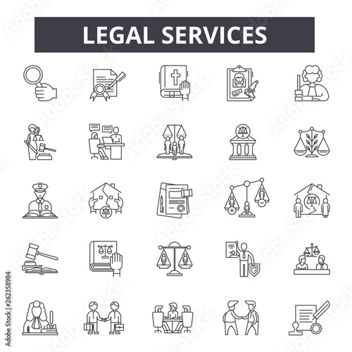 Legal services line icons, signs set, vector. Legal services outline concept illustration: legal,law,service,business,lawyer,justice,attorney,court