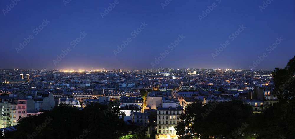 Panoramic view from Montmartre in the evening on Paris