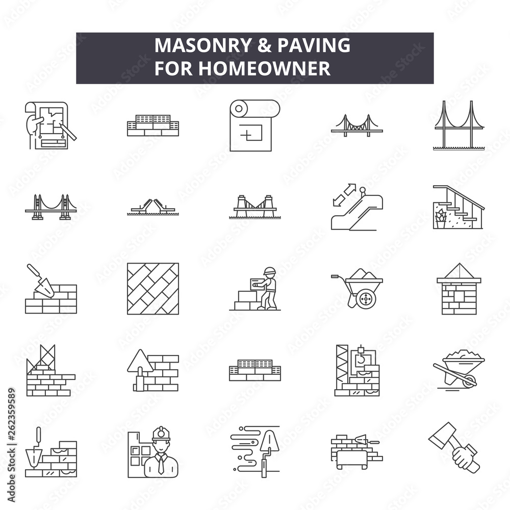 Masonry line icons, signs set, vector. Masonry outline concept