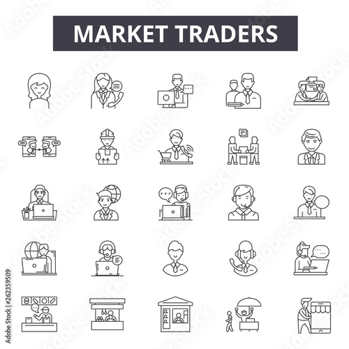 Market traders line icons, signs set, vector. Market traders outline concept illustration: business,trader,market,investment,stock,chart,exchange