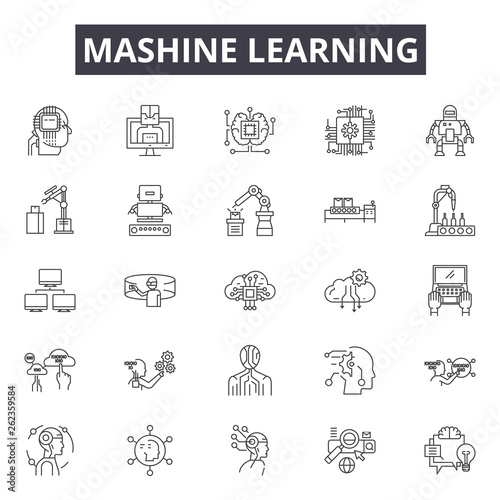 Mashine learning line icons, signs set, vector. Mashine learning outline concept illustration: success,education,concept,background,document,learning,online