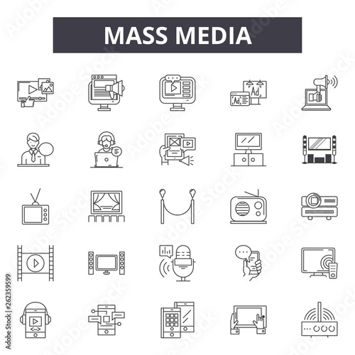 Mass media line icons, signs set, vector. Mass media outline concept illustration: media,mass,television,microphone,news,newspaper,tv,broadcasting