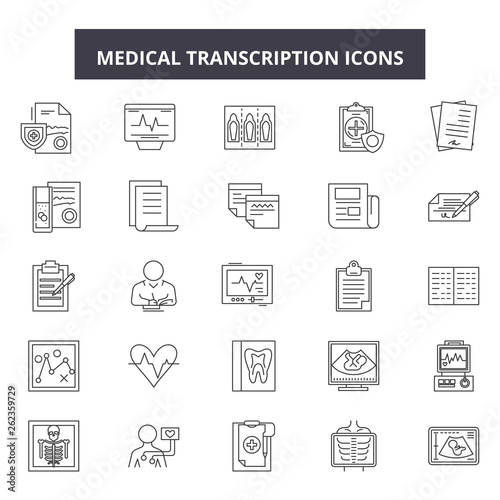 Medical transcription line icons, signs set, vector. Medical transcription outline concept illustration: medicine,paperclip,transcript,information,medical,report,analysis,diagnostic,document