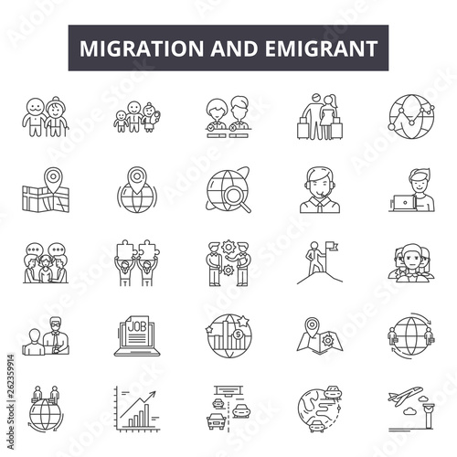 Migration emigrant line icons, signs set, vector. Migration emigrant outline concept illustration: migration,people,immigration,refugee,border,migrant,travel,emigration,immigrant