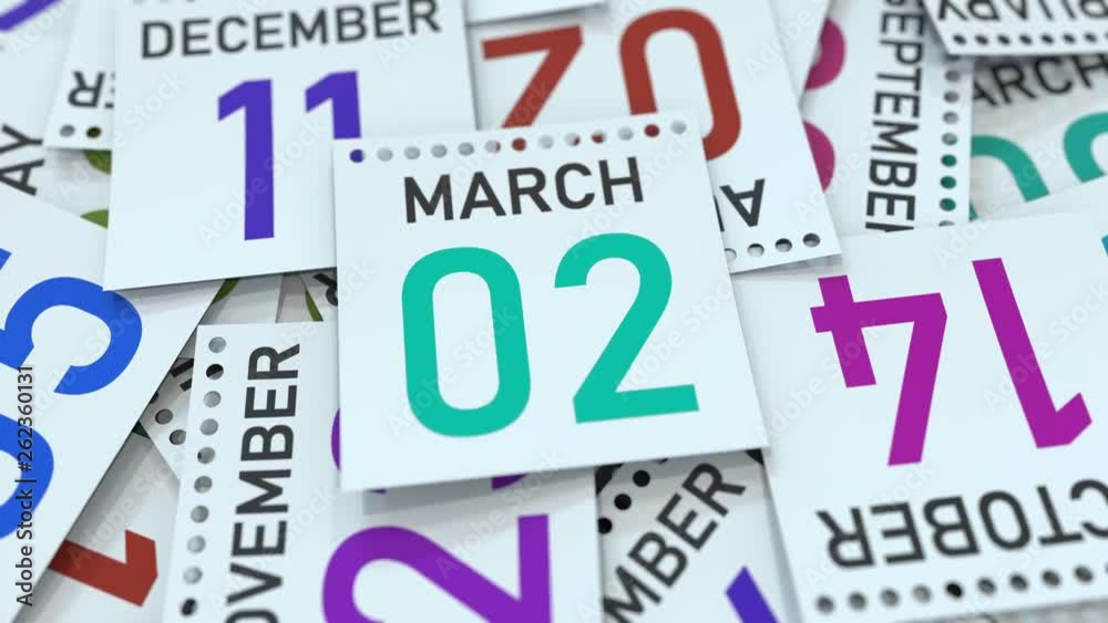 March 2 date on calendar page. 3D animation