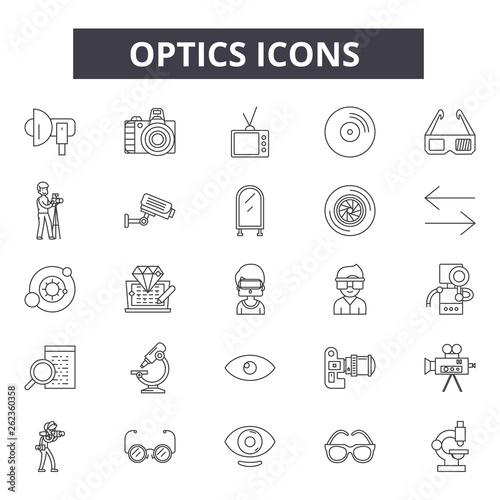 Optics line icons, signs set, vector. Optics outline concept illustration: optic,technology,optical,information,connection,isolated,fiber,network