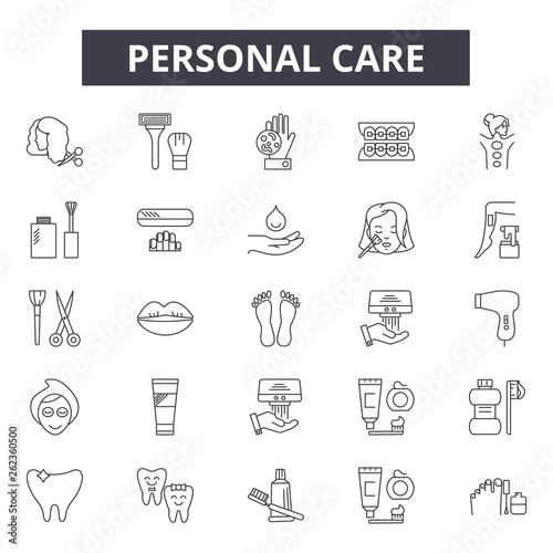 Personal care line icons, signs set, vector. Personal care outline concept illustration: care,personal,soap,brush,hygiene