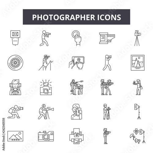 Photographer line icons, signs set, vector. Photographer outline concept illustration: photographer,camera,photo,photography,equipment,lens