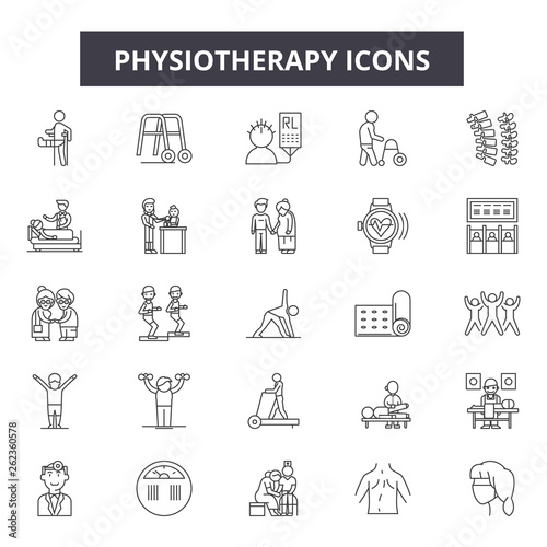 Physiotherapy line icons, signs set, vector. Physiotherapy outline concept illustration: medical,physiotherapy,health,care,patient,rehabilitation,therapy,massage,treatment