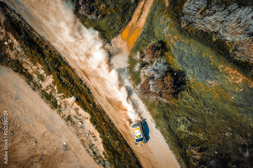 Drifting rally car. Overhead view photo