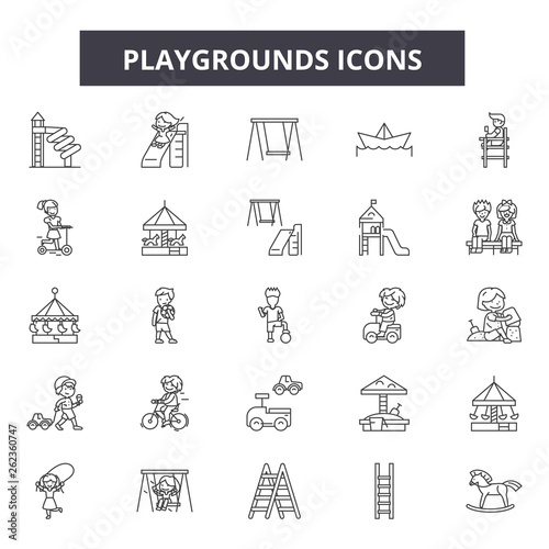 Playgrounds line icons, signs set, vector. Playgrounds outline concept illustration: playground,fun,park,slide,play,swing,symbol