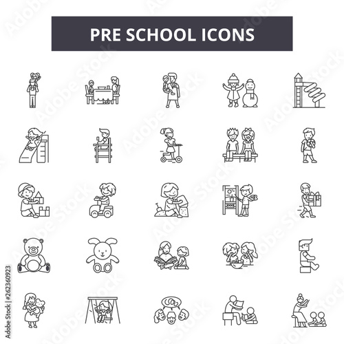 Pre school line icons, signs set, vector. Pre school outline concept illustration: child,dehappy,kid,preschool,play